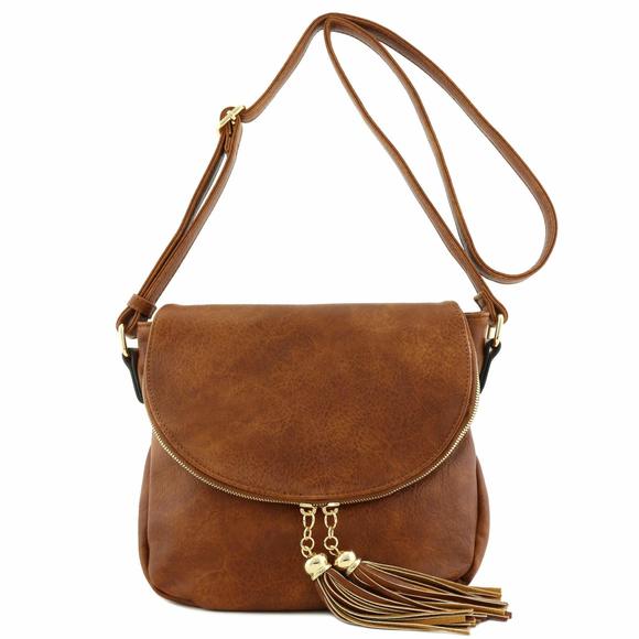 Tassel Accent Crossbody Bag With Flap Top Tan o_o - Picture 1 of 7